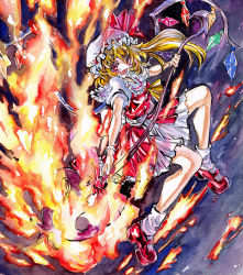 Rule 34 | 1girl, ascot, blonde hair, bow, commentary request, crystal, dress, fire, flaming weapon, flandre scarlet, frilled shirt collar, frills, full body, hat, hat ribbon, highres, holding, holding weapon, kabaji, laevatein (touhou), looking at viewer, mary janes, mob cap, one side up, open mouth, petticoat, puffy short sleeves, puffy sleeves, red dress, red eyes, red footwear, red ribbon, ribbon, sash, shikishi, shoes, short hair, short sleeves, socks, solo, touhou, traditional media, weapon, white bow, white hat, white sash, white socks, wings, yellow ascot