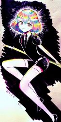 Rule 34 | 1other, androgynous, diamond (houseki no kuni), gem uniform (houseki no kuni), glowing, glowing hair, highres, houseki no kuni, lonom, looking at viewer, multicolored eyes, multicolored hair, necktie, rainbow eyes, rainbow hair, short hair, smile, solo, sword, thighhighs, traditional media, weapon