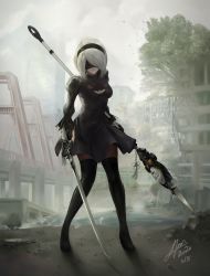 Rule 34 | 1girl, absurdres, black blindfold, black hairband, black legwear, blindfold, breasts, bridge, building, cleavage, cleavage cutout, closed mouth, clothing cutout, dated, dual wielding, feather-trimmed sleeves, feather trim, hairband, highres, holding, holding polearm, holding spear, holding sword, holding weapon, huge filesize, mole, mole under mouth, nier (series), nier:automata, outdoors, polearm, puffy sleeves, ruins, sebyxtan, short hair, signature, solo, spear, standing, sword, tree, water, weapon, white hair, 2b (nier:automata)
