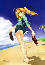 Rule 34 | 00s, 1girl, :d, antenna hair, aoi mirai, ass, barefoot, beach, blonde hair, blush, brooch, bush, cliff, cloud, day, dual wielding, dutch angle, feet, floating hair, footprints, from below, green eyes, hair intakes, hairband, happoubi jin, highres, holding, jewelry, kneepits, lace, lace-trimmed panties, lace-trimmed skirt, lace trim, legs, lighthouse, loafers, long hair, looking at viewer, looking back, maple colors, miniskirt, ocean, open mouth, outdoors, palm tree, panties, pantyshot, plaid, plaid skirt, scan, school uniform, seashell, shadow, shell, shirt, shoes, unworn shoes, skirt, sky, sleeves rolled up, smile, soles, solo, standing, tiptoes, tree, twintails, underwear, untied, upskirt, vest, water, yellow panties