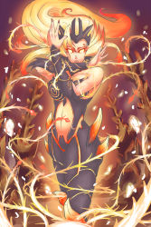 Rule 34 | 1girl, bare shoulders, blonde hair, breasts, detached sleeves, fire, glowing, glowing eyes, highres, large breasts, league of legends, plant, solo, thorns, trombe, wildfire zyra, zyra