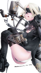 Rule 34 | 1girl, android, ass, azitama atsushi (attyuu), black dress, black gloves, black thighhighs, blindfold, boots, breasts, broken, chain, cleavage, cleavage cutout, clothing cutout, dress, gloves, high heel boots, high heels, highres, leotard, medium breasts, mole, mole under mouth, nier (series), nier:automata, open mouth, robot, shiny skin, short hair, sword, thigh boots, thighhighs, weapon, 2b (nier:automata)