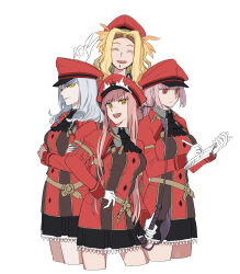 Rule 34 | 4girls, alternate costume, ascot, black ascot, black skirt, blonde hair, carmilla (fate), closed eyes, coat, cropped legs, crossed arms, fake nails, fate/grand order, fate (series), florence nightingale (fate), gloves, hat, highres, long hair, long sleeves, medb (fate), medium hair, multiple girls, parted bangs, peaked cap, pink hair, quetzalcoatl (fate), red coat, red eyes, red hat, riding crop, shironojiro, skirt, teeth, upper teeth only, v, white gloves, white hair, writing, yellow eyes