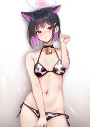 Rule 34 | 1girl, animal ears, animal print, bell, bikini, black choker, black hair, blue archive, blunt ends, blush, breasts, breasts apart, cat ears, choker, collarbone, colored inner hair, cow print, cow print bikini, groin, halo, halterneck, highres, kazusa (blue archive), looking at viewer, medium breasts, multicolored hair, navel, neck bell, picter, pink eyes, pink hair, print bikini, short hair, side-tie bikini bottom, simple background, solo, stomach, string bikini, swimsuit, two-tone hair, white background