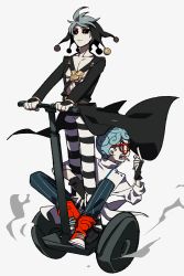 Rule 34 | 2boys, black sclera, blue hair, colored sclera, curly hair, ghiaccio, glasses, hat bobbles, highres, jojo no kimyou na bouken, male focus, multiple boys, pants, red-framed eyewear, red eyes, risotto nero, sameyama jiro, segway, shoes, sneakers, striped clothes, striped pants, vertical-striped clothes, vertical-striped pants