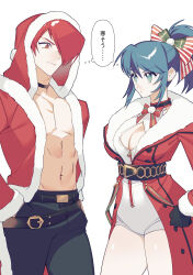 Rule 34 | 1boy, 1girl, belt, black pants, blue eyes, blue hair, bow, bow choker, box, breasts, capelet, choker, christmas, cleavage, cleavage cutout, clothing cutout, crop top, fur-trimmed capelet, fur trim, gloves, hair bow, highres, hood, large breasts, leona heidern, long hair, looking at viewer, merry christmas, navel, one eye covered, otoseto, pants, pectorals, ponytail, red eyes, red hair, santa costume, shorts, solo, tank top, the king of fighters, the king of fighters all-stars, yagami iori