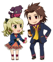 Rule 34 | 1boy, 1girl, alvin (tales), blazer, blonde hair, bow, brown eyes, brown hair, cellphone, chibi, doll, elize lutus, formal, full body, green eyes, hair bow, hand on own hip, jacket, micha (chaho), necktie, pants, phone, pink necktie, school uniform, shoes, short hair, skirt, smile, suit, tales of (series), tales of xillia, tales of xillia 2, teepo (tales), twintails, white background