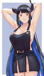 Rule 34 | 1girl, absurdres, arm behind head, arm up, armpits, asymmetrical horns, belt, black belt, black hair, black overalls, blue hair, breasts, cleavage, colored inner hair, demon horns, erasorpepero, highres, hololive, hololive english, horns, large breasts, long hair, mole, mole under eye, multicolored hair, nerissa ravencroft, nerissa ravencroft (1st costume), overalls, red eyes, smile, solo, virtual youtuber