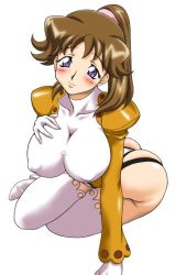 Rule 34 | 00s, 1girl, ass, blue eyes, blush, bodysuit, boots, breasts, brown hair, curvy, covered erect nipples, female focus, gloves, huge ass, large breasts, leaning forward, leotard, long hair, long sleeves, looking at viewer, momozono momoko, official art, ponytail, shinkon gattai godannar!!, sitting, skin tight, smile, solo, ta152 (graf zeppelin), thigh boots, thighhighs, thong leotard, underwear