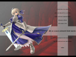 Rule 34 | 00s, 1girl, armor, armored dress, artoria pendragon (all), artoria pendragon (fate), blonde hair, dress, english text, engrish text, fate/stay night, fate (series), faulds, green eyes, ranguage, saber (fate), solo, sword, unlimited blade works (fate), wallpaper, weapon