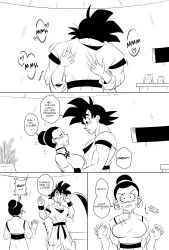 Rule 34 | 1boy, 1girl, absurdres, breasts, chi-chi (dragon ball), chinese clothes, closed eyes, comic, commentary, dougi, dragon ball, dragon ball super, earrings, english commentary, english text, funsexydb, hair bun, half-closed eyes, hetero, highres, husband and wife, instant transmission, jewelry, kiss, large breasts, monochrome, muscular, muscular male, open mouth, single hair bun, smile, son goku, sweat, teleport, wristband