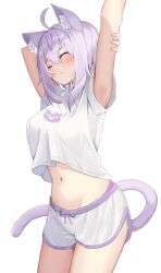 Rule 34 | 1girl, absurdres, alternate costume, animal ear fluff, animal ears, armpits, arms up, blush, breasts, cat ears, cat girl, cat tail, closed eyes, hands up, highres, hololive, kajitsu no hito, large breasts, navel, nekomata okayu, purple hair, shirt, short hair, shorts, simple background, solo, stretching, tail, thighs, virtual youtuber, white background, white shirt