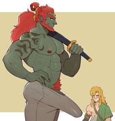 Rule 34 | 2boys, abs, absurdres, archaic set (zelda), bara, beard, blonde hair, blush, bulge, colored skin, erection, erection under clothes, facial hair, feet out of frame, ganondorf, green skin, highres, large pectorals, large penis, link, long hair, looking at bulge, looking away, male focus, male pubic hair, mature male, multiple boys, muscular, muscular male, muto20002, navel, navel hair, nintendo, nipples, orange hair, over shoulder, pectorals, penis, penis peek, pointy ears, pubic hair, short hair, solo focus, standing, sword, sword over shoulder, the legend of zelda, the legend of zelda: tears of the kingdom, thick eyebrows, veins, veiny penis, weapon, weapon over shoulder, yaoi