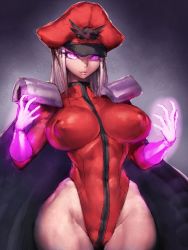 Rule 34 | 1girl, black background, blonde hair, breasts, closed mouth, covered erect nipples, fumio (rsqkr), genderswap, genderswap (mtf), glowing, glowing eyes, gradient background, hat, highleg, highres, impossible clothes, large breasts, leotard, long hair, long sleeves, looking at viewer, m. bison, narrow waist, purple eyes, red leotard, shoulder pads, solo, street fighter, wide hips