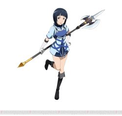 Rule 34 | 10s, 1girl, black footwear, black hair, blue eyes, blunt bangs, boots, elbow gloves, full body, gloves, halberd, hand on own hip, holding, holding weapon, knee boots, looking at viewer, mole, mole under eye, open mouth, polearm, sachi (sao), short hair, simple background, solo, standing, standing on one leg, sword art online, sword art online: code register, weapon, white background, white gloves