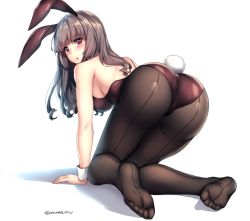 Rule 34 | 1girl, :o, all fours, animal ears, aruma jiki, ass, back-seamed legwear, bare arms, bare shoulders, blunt bangs, blush, breasts, brown hair, brown pantyhose, commentary request, copyright request, curly hair, fake animal ears, feet, foreshortening, from behind, full body, hanging breasts, large breasts, leotard, long hair, looking back, no shoes, open mouth, original, pantyhose, playboy bunny, rabbit ears, rabbit tail, red eyes, red leotard, seamed legwear, sideboob, simple background, soles, solo, tail, toes, twitter username, white background