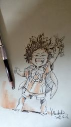 Rule 34 | 2boys, action figure, all might, artist name, boku no hero academia, cape, curly hair, dated, eyebrows, closed eyes, freckles, hair between eyes, highres, male focus, marker (medium), midoriya izuku, multiple boys, official art, open mouth, shirt, short hair, shorts, solo, solo focus, standing, t-shirt, teeth, tongue, toy, traditional media, umakoshi yoshihiko, watermark, white background, aged down