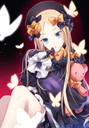 Rule 34 | 1girl, :o, abigail williams (fate), black bow, black dress, black hat, blonde hair, blue eyes, bow, bug, butterfly, commentary request, dress, fate/grand order, fate (series), flywinga7, hair bow, hands in opposite sleeves, hat, head tilt, hugging object, insect, long hair, long sleeves, looking at viewer, orange bow, parted bangs, parted lips, polka dot, polka dot bow, sitting, solo, stuffed animal, stuffed toy, teddy bear, very long hair