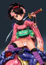Rule 34 | highres, japanese clothes, kimono, momohime, oboro muramasa, panties, sword, tagme, underwear, weapon