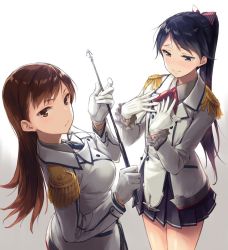 Rule 34 | 2girls, alternate costume, black hair, blue eyes, blue hair, blush, breasts, brown eyes, brown hair, buttons, collared shirt, cosplay, double-breasted, epaulettes, flat chest, gloves, houshou (kancolle), jacket, kantai collection, kashima (kancolle), kashima (kancolle) (cosplay), katori (kancolle) (cosplay), katori (kancolle), kerchief, large breasts, long hair, long sleeves, looking at viewer, military, military uniform, miniskirt, multiple girls, necktie, ooi (kancolle), pleated skirt, pointer, ponytail, riding crop, shirt, skirt, uniform, white background, white gloves, yomo (majidon)