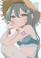 Rule 34 | 1girl, absurdres, aqua eyes, aqua hair, aqua nails, bandaid, bandaid on arm, bikini, blush, breasts, flower, frilled bikini, frilled swimsuit, frills, hair between eyes, hair flower, hair ornament, hairclip, hakudaku, hat, hatsune miku, head rest, highres, knees up, long hair, looking at viewer, own hands together, simple background, small breasts, solo, straw hat, sunflower, sunflower hair ornament, swimsuit, very long hair, vocaloid
