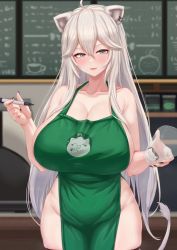 Rule 34 | 1girl, ahoge, alternate breast size, animal ears, apron, blurry, blurry background, breasts, cleavage, collarbone, cream cod, cup, fangs, green apron, grey eyes, hair between eyes, highres, holding, holding cup, holding marker, hololive, huge breasts, lion ears, lion girl, lion tail, long hair, looking at viewer, marker, meme, nail polish, naked apron, parted lips, shishiro botan, sideboob, silver hair, smile, solo, tail, virtual youtuber