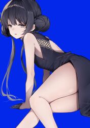 Rule 34 | absurdres, bare back, bare shoulders, black dress, black hair, blue archive, blue background, china dress, chinese clothes, double bun, dress, enomoto nao, gloves, hair bun, highres, kisaki (blue archive), legs, simple background, thighs