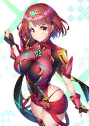 Rule 34 | 1girl, ahoge, ass, blush, breasts, circlet, fingerless gloves, gloves, highres, large breasts, looking at viewer, novady, pyra (xenoblade), red eyes, red hair, red shorts, scarf, shiny clothes, shiny skin, short hair, short shorts, shorts, smile, solo, thighhighs, xenoblade chronicles (series), xenoblade chronicles 2
