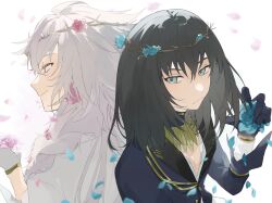Rule 34 | 2boys, alternate costume, back-to-back, black hair, blue flower, blue jacket, bracelet, claws, eyelashes, fate/grand order, fate (series), flower, frown, gloves, grey eyes, grey hair, hair between eyes, hair flower, hair ornament, half-closed eyes, head wreath, highres, holding, holding flower, jacket, jewelry, long hair, long sleeves, male focus, merlin (fate), multiple boys, oberon (fate), oberon (overnight dream) (fate), pectoral cleavage, pectorals, petals, pink flower, pink rose, robe, romo827, rose, simple background, very long hair, white background, white gloves, white robe