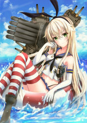 Rule 34 | 1girl, absurdres, afloat, anchor hair ornament, blonde hair, blue sky, cloud, cloudy sky, commentary request, day, elbow gloves, gloves, green eyes, hair ornament, hairband, hamamoto shiyuu, highres, horizon, kantai collection, lifebuoy, long hair, looking at viewer, machinery, navel, ocean, rensouhou-chan, shimakaze (kancolle), sky, striped clothes, striped thighhighs, swim ring, thighhighs, torpedo tubes, turret, white gloves