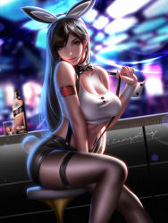 Rule 34 | 1girl, animal ears, armlet, artist name, backlighting, bare shoulders, black bow, black bowtie, black hair, black skirt, blurry, blurry background, bottle, bow, bowtie, breasts, brown eyes, cleavage, crop top, cup, depth of field, earrings, fake animal ears, fake tail, final fantasy, final fantasy vii, fishnet pantyhose, fishnets, hairband, highres, indoors, jewelry, large breasts, liang xing, long hair, looking at viewer, miniskirt, pantyhose, parted lips, pencil skirt, rabbit ears, rabbit tail, signature, sitting, skirt, smile, solo, square enix, stool, suspender skirt, suspenders, swept bangs, tail, thigh strap, tifa lockhart, v-shaped eyebrows, very long hair, white hairband