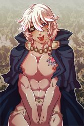 Rule 34 | 1boy, abs, blue eyes, cape, eyepatch, feif lily0723, fire emblem, fire emblem fates, jewelry, looking at viewer, male focus, naked cape, navel piercing, niles (fire emblem), nintendo, piercing, silver hair, sitting, smile, solo, tattoo