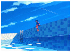 Rule 34 | aircraft, airplane, barefoot, blue hair, blue sky, cloud, contrail, eahi, hatsune miku, ladder, pool, pool ladder, sailor collar, sitting, skirt, sky, tile wall, tiles, twintails, vocaloid, water