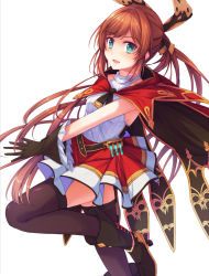 Rule 34 | 10s, 1girl, artist request, belt, black gloves, black thighhighs, blush, breasts, brown hair, cape, clarisse (granblue fantasy), gloves, granblue fantasy, green eyes, hair ribbon, highres, long hair, looking at viewer, open mouth, ponytail, ribbon, skirt, small breasts, smile, solo, take5321, thighhighs