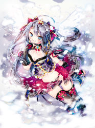 Rule 34 | 1girl, ahoge, angel wings, black hair, blue eyes, breasts, cleavage, elbow gloves, garter straps, gloves, hair ornament, hairclip, kamiya maneki, large breasts, long hair, looking at viewer, midriff, original, panties, parted lips, snowing, solo, striped clothes, striped thighhighs, thighhighs, twintails, underwear, wings
