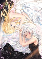 Rule 34 | 2girls, black dress, blonde hair, blue eyes, blush, breasts, closed mouth, dress, expressionless, eyes visible through hair, feet out of frame, from above, hair between eyes, highres, long hair, looking at viewer, lying, multiple girls, na kyo, on side, original, partially submerged, petals, petals on liquid, red eyes, rotational symmetry, silver hair, skirt hold, smile, space, star (symbol), water, white dress