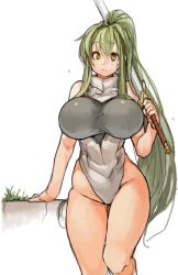 Rule 34 | 1girl, arm support, bad id, bad twitter id, bare arms, bare legs, bare shoulders, blush, breasts, crack, grass, green hair, groin, hair intakes, high ponytail, highleg, highleg leotard, holding, holding sword, holding weapon, huge breasts, leg up, leotard, long hair, looking at viewer, original, over shoulder, ponytail, sachito, simple background, solo, sumi-chan (sachito), sword, taut clothes, taut leotard, thick thighs, thighs, very long hair, weapon, weapon over shoulder, white background, yellow eyes