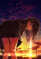 Rule 34 | 1girl, bent over, black hair, black sailor collar, black skirt, blue sky, brown shirt, closed mouth, cloud, cloudy sky, commentary request, from behind, gradient sky, grey eyes, highres, long hair, looking at viewer, looking back, mimikaki (men bow), original, outdoors, pleated skirt, sailor collar, school uniform, serafuku, shirt, silhouette, skirt, sky, smile, solo, standing, sun, sunset, yellow sky