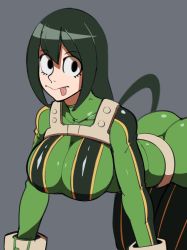Rule 34 | 1girl, all fours, ass, asui tsuyu, black eyes, black hair, bodysuit, boku no hero academia, breasts, frog girl, gloves, green bodysuit, grey background, large breasts, long hair, ragingbarbarians, solo, tongue, tongue out