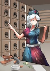 Rule 34 | 1girl, bad id, bad pixiv id, blue eyes, breasts, clipboard, flower, hat, highres, large breasts, lily of the valley, long hair, mo ne, mortar (bowl), nurse cap, paper, pestle, silver hair, solo, touhou, very long hair, yagokoro eirin