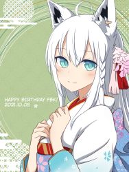 Rule 34 | 1girl, ahoge, animal ears, aqua eyes, braid, cherry blossom print, commentary request, dated, floral print, flower, fox ears, fox girl, hair flower, hair ornament, happy birthday, highres, hololive, japanese clothes, kimono, long hair, looking at viewer, nogi (nogi238), shirakami fubuki, shirakami fubuki (new year), side braid, smile, solo, tassel, virtual youtuber, white hair, white kimono