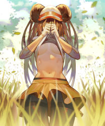 Rule 34 | 1girl, areola slip, bad id, bad pixiv id, black pantyhose, breasts, cleavage, clothes lift, commentary request, covering face, creatures (company), double bun, falling leaves, frilled shorts, frills, game freak, grass, gyudong123, hair bun, highres, leaf, lifted by self, nintendo, nipple slip, nipples, no bra, pantyhose, pokemon, pokemon bw2, rosa (pokemon), shirt lift, shorts, solo, standing, tall grass, twintails, underboob, undressing, visor cap, yellow shorts