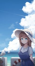 Rule 34 | 1girl, arms behind back, beach, bird, blue dress, blue eyes, blush, boat, bow, breasts, brown hair, chami (pixiv15867443), closed mouth, cloud, cloudy sky, commentary, contrail, dappled sunlight, day, dress, english text, fence, hat, hat bow, hat ribbon, highres, jewelry, lifebuoy, looking at viewer, medium breasts, necklace, ocean, original, outdoors, ribbon, sailboat, scenery, seagull, shirt, shirt under dress, short sleeves, sky, smile, solo, standing, sun hat, sunlight, swim ring, upper body, watercraft, white shirt