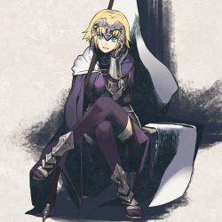 Rule 34 | 1girl, armor, armored boots, blonde hair, blue eyes, boots, breasts, cloak, crossed legs, fate/apocrypha, fate (series), full body, gauntlets, headpiece, jeanne d&#039;arc (fate), looking at viewer, sakamoto mineji, short hair, simple background, smile, solo, thighhighs