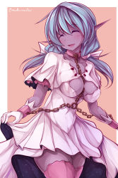 Rule 34 | 1girl, ^ ^, between breasts, blue hair, breasts, capelet, chain, chained wrists, cleavage, closed eyes, collar, colored skin, cosplay, cowboy shot, cuffs-to-collar, curtsey, elf, elf slave (maullarmaullar), female focus, gloves, hair ribbon, highres, kaname madoka, large breasts, long hair, low twintails, mahou shoujo madoka magica, mahou shoujo madoka magica (anime), maullarmaullar, original, parted lips, pink thighhighs, pointy ears, purple skin, ribbon, showgirl skirt, slave, smile, solo, star (symbol), star print, thighhighs, twintails, twitter username, ultimate madoka, ultimate madoka (cosplay), white gloves
