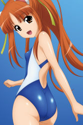 Rule 34 | 00s, 1girl, absurdres, animal ears, ass, breasts, brown eyes, brown hair, competition swimsuit, fang, from behind, fushigiboshi no futago hime, highres, leonne, long hair, looking back, one-piece swimsuit, ponytail, ribbon, small breasts, solo, sugimura tomokazu, swimsuit