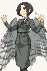 Rule 34 | 1girl, amelia shaw, asterisk kome, bird tail, bird wings, black hair, black necktie, black pantyhose, collared shirt, commentary request, green eyes, jacket, low wings, military, military jacket, military uniform, necktie, pantyhose, shirt, short hair, signature, smile, solo, standing, tagme, tail, uniform, white wings, winged fusiliers, wings