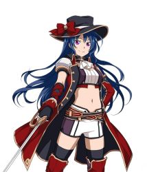 Rule 34 | 10s, 1girl, asymmetrical sleeves, belt, black gloves, black hat, black thighhighs, blue hair, boots, bow, cape, character request, crop top, elbow gloves, gloves, hand on own hip, hat, hat bow, holding, holding sword, holding weapon, long hair, looking at viewer, midriff, navel, purple eyes, rapier, red bow, red footwear, short shorts, short sleeves, shorts, simple background, smile, solo, standing, stomach, sun hat, sword, sword art online, thigh boots, thighhighs, uneven sleeves, very long hair, weapon, white background