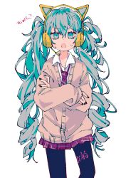 Rule 34 | 3774., animal ear headphones, animal ears, black pantyhose, brown sweater, cardigan, cat ear headphones, clothes writing, cowboy shot, crossed arms, fake animal ears, green eyes, green hair, hatsune miku, headphones, highres, long hair, long sleeves, looking at viewer, loose necktie, necktie, open mouth, pantyhose, plaid, plaid necktie, plaid skirt, pleated skirt, red necktie, red skirt, shirt, simple background, skirt, sweat, sweater, translation request, twintails, very long hair, vocaloid, white background, white shirt