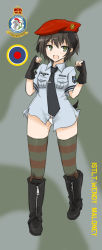 Rule 34 | 1girl, animal ears, bad id, bad pixiv id, beret, boots, brown eyes, commentary request, dakku (ogitsune), fingerless gloves, gloves, hat, long image, necktie, panties, solo, strike witches, strike witches 1991, tall image, thighhighs, underwear, uniform, world witches series